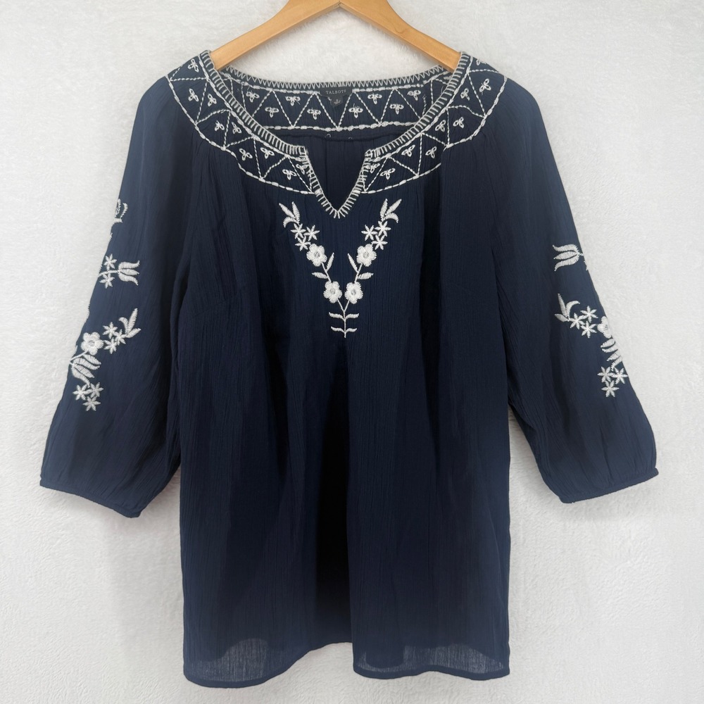 Talbots Embroidered Peasant Blouse Womens S Navy Blue Cotton Gauze 3/4 Sleeve